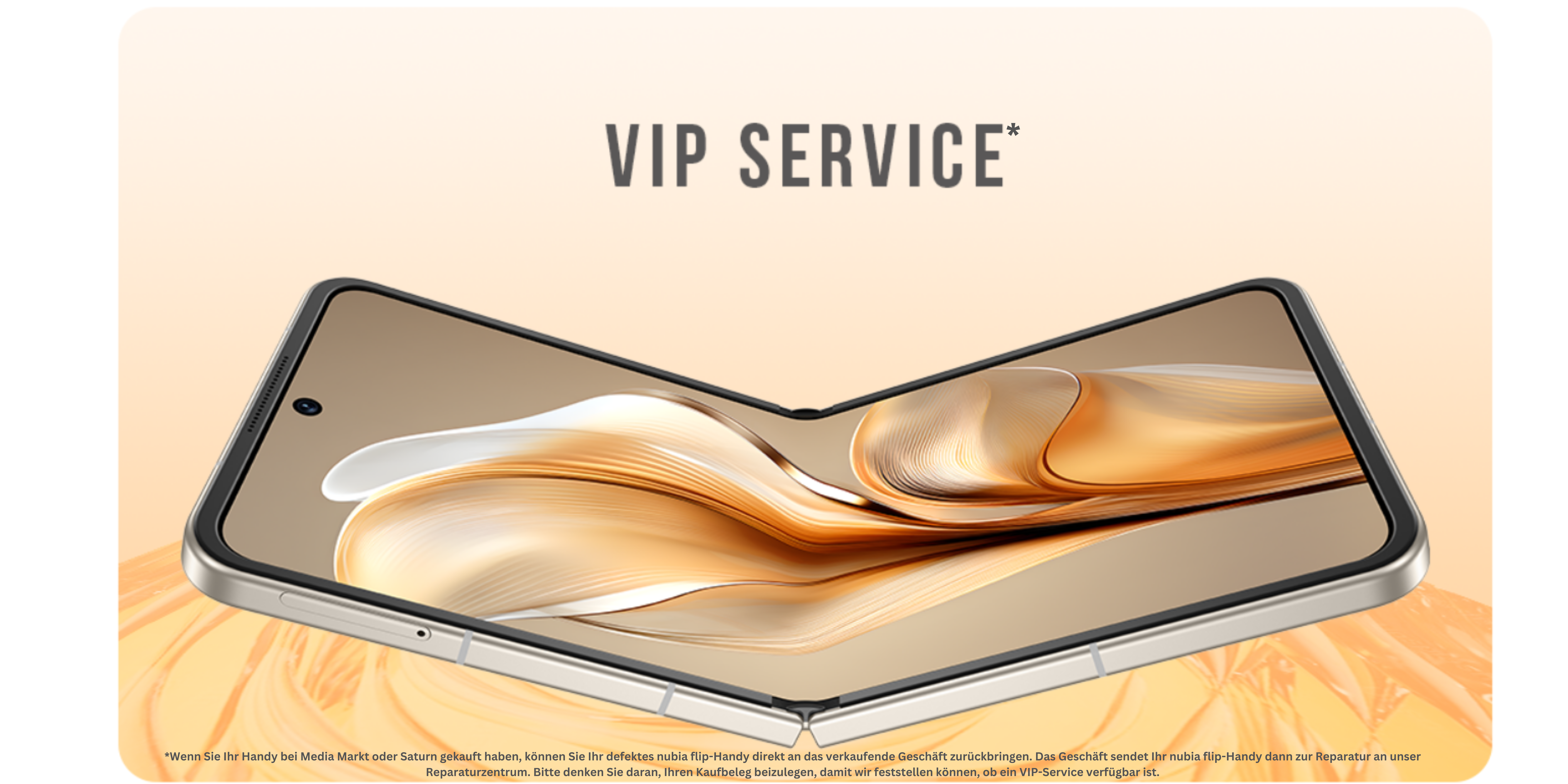 Geöffnetes faltbares Telefon mit VIP SERVICE Text darüber, auf weißem Hintergrund.