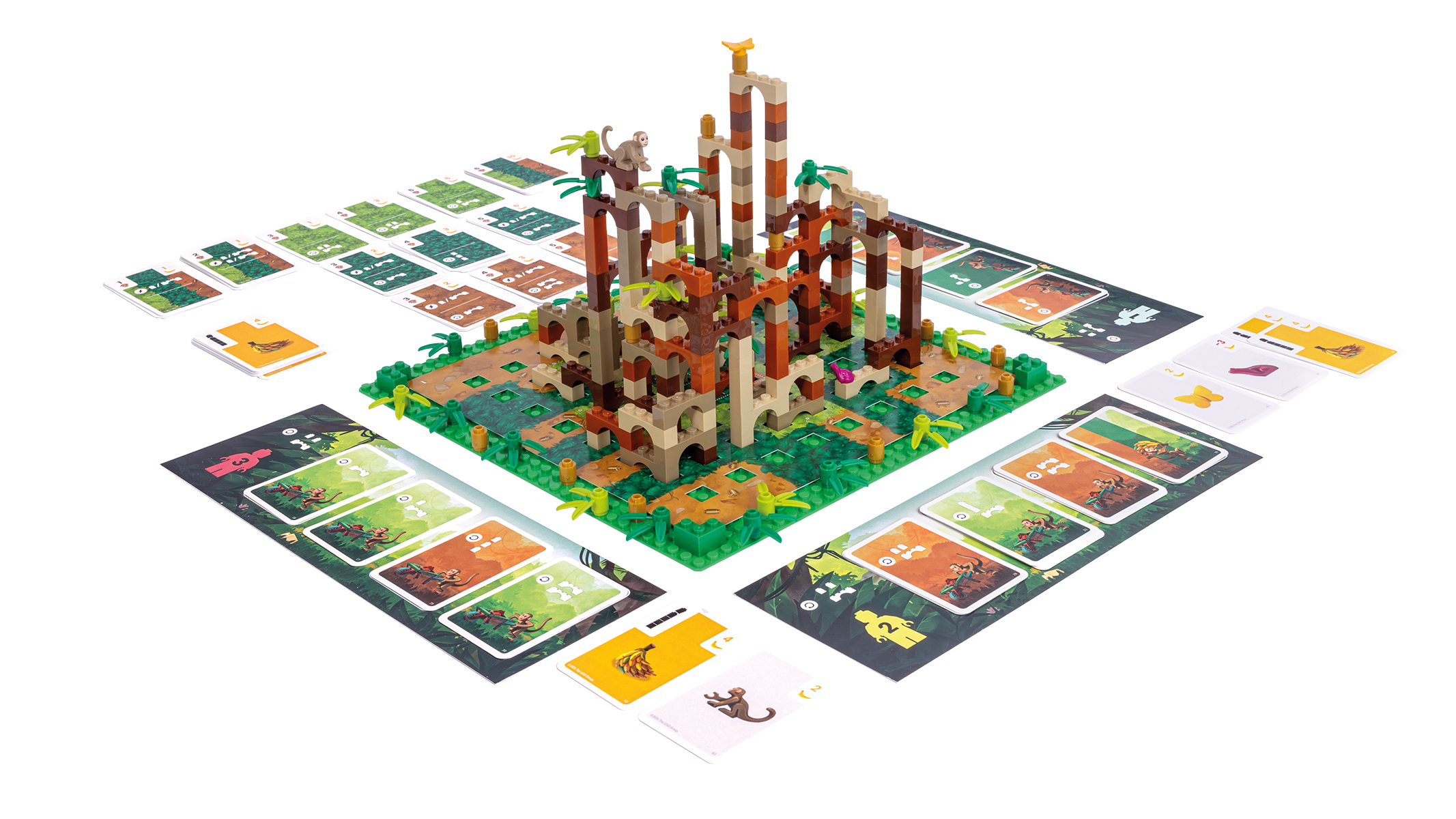 Ein Brettspiel-Setup mit Dschungel-Thema und verschiedenen Karten, mit einer Struktur im Zentrum.