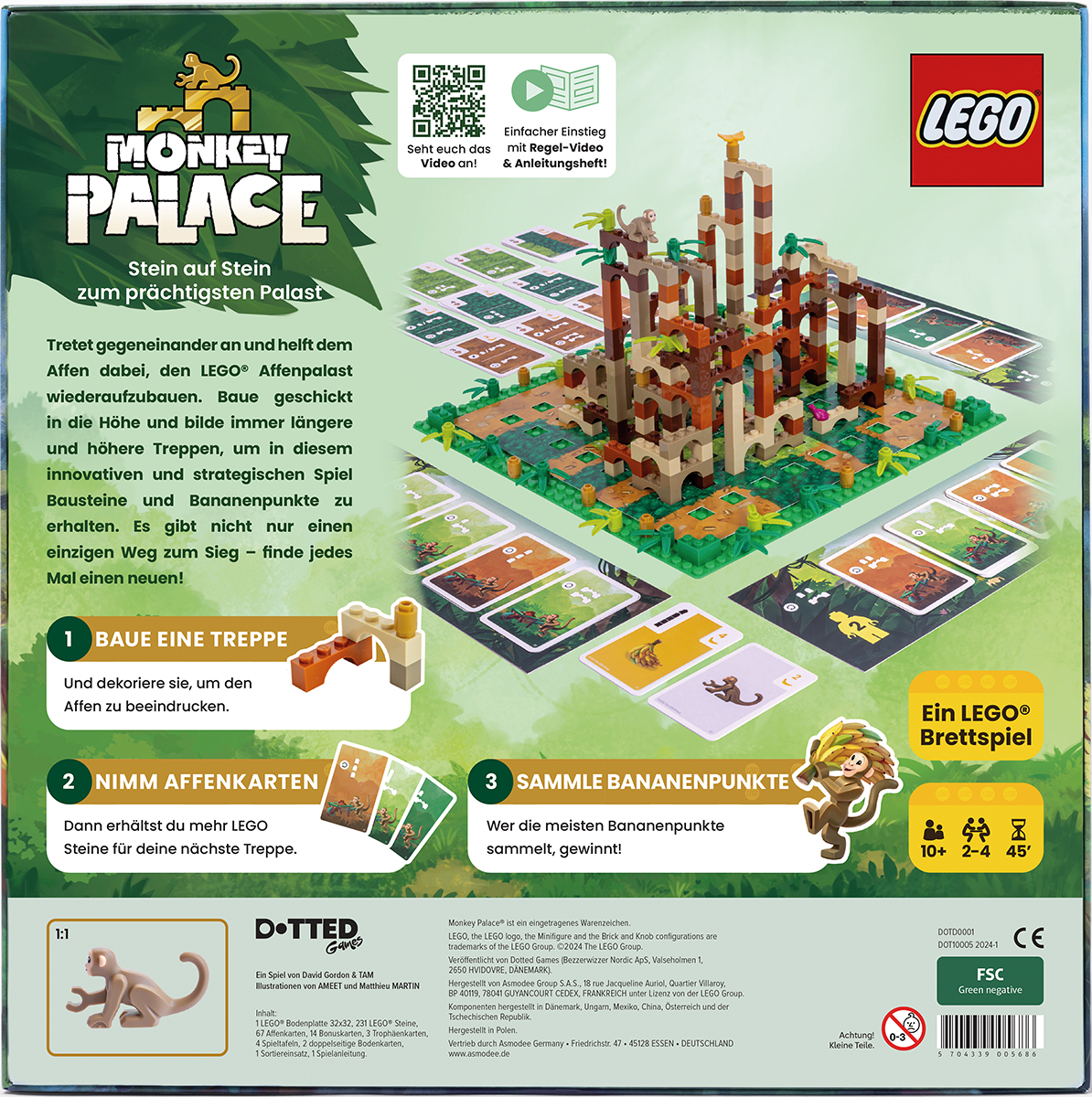 Schachtel des LEGO Monkey Palace Spiels. Zeigt Spielelemente, Anweisungen und LEGO-Teile.