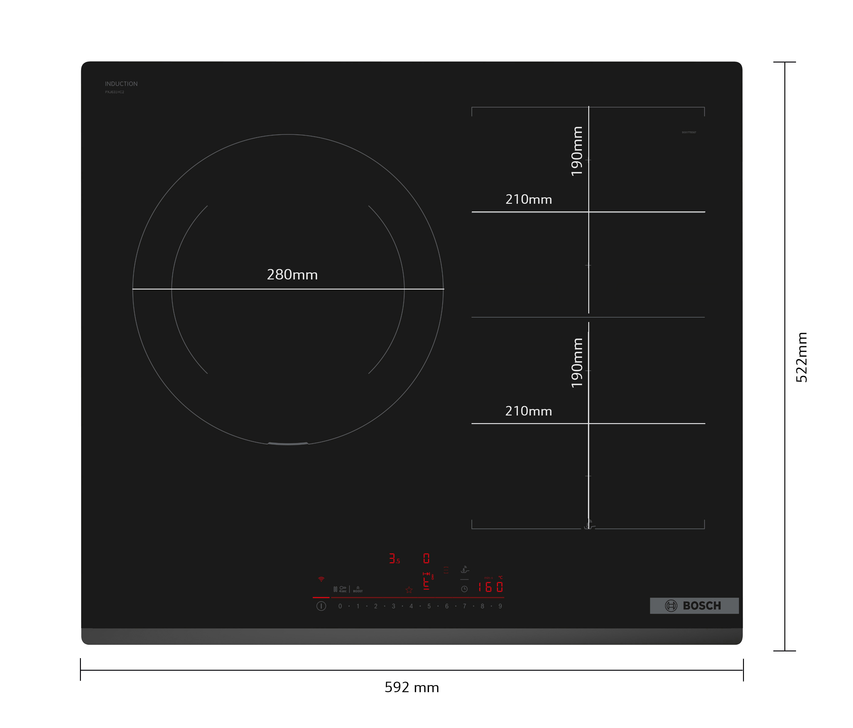 Placa de inducción negra con dimensiones y zonas de cocción.