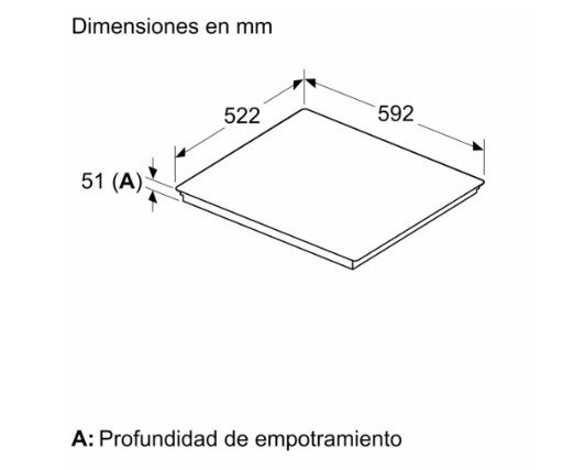 Diagrama que muestra las dimensiones de una encimera, incluida una profundidad de 51 mm.