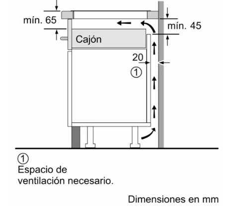 Dibujo técnico de un cajón con dimensiones en mm. Flechas y números indican medidas y espacio de ventilación.