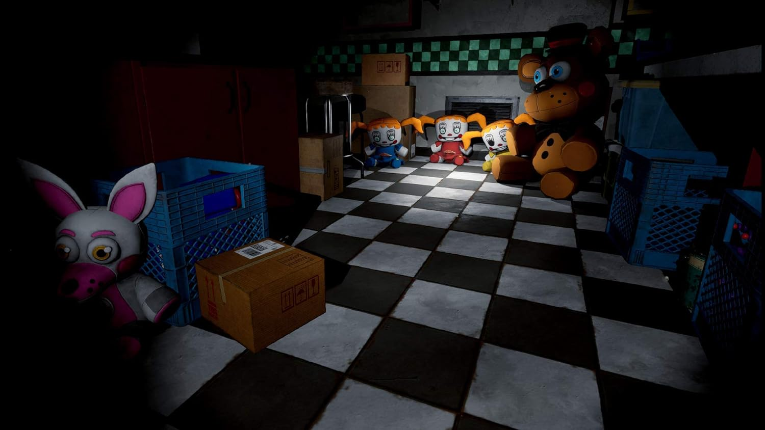 Habitación temática de Five Nights at Freddy's, con animatrónicos y suelo ajedrezado.