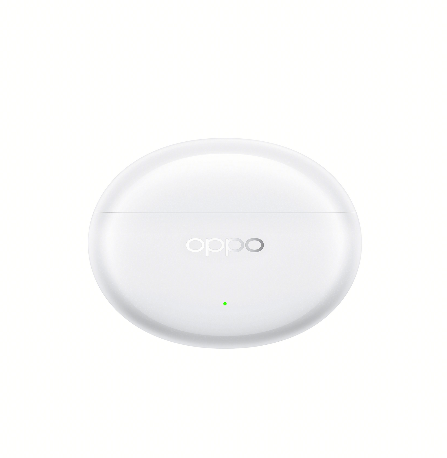 Estuche de auriculares redondo blanco con el logo de Oppo y una luz de carga verde. Fondo blanco.