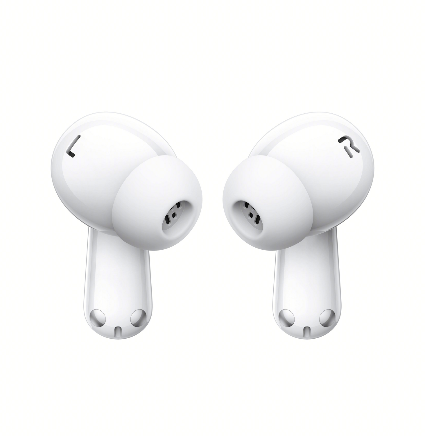Auriculares blancos, cada uno con un pequeño agujero negro en el lateral.