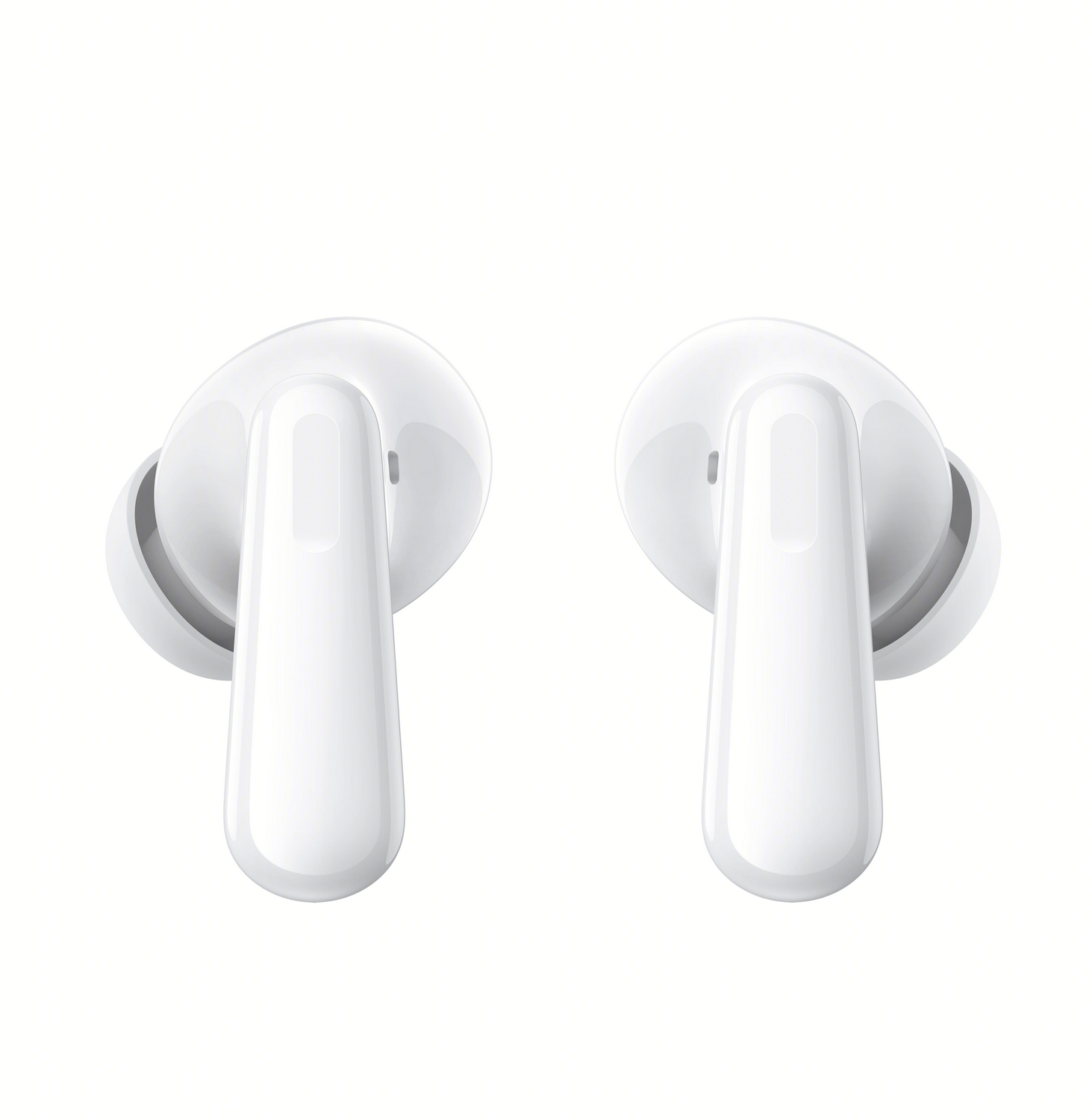 Dos auriculares blancos se muestran sobre un fondo blanco. Tienen un tallo largo y redondeado.