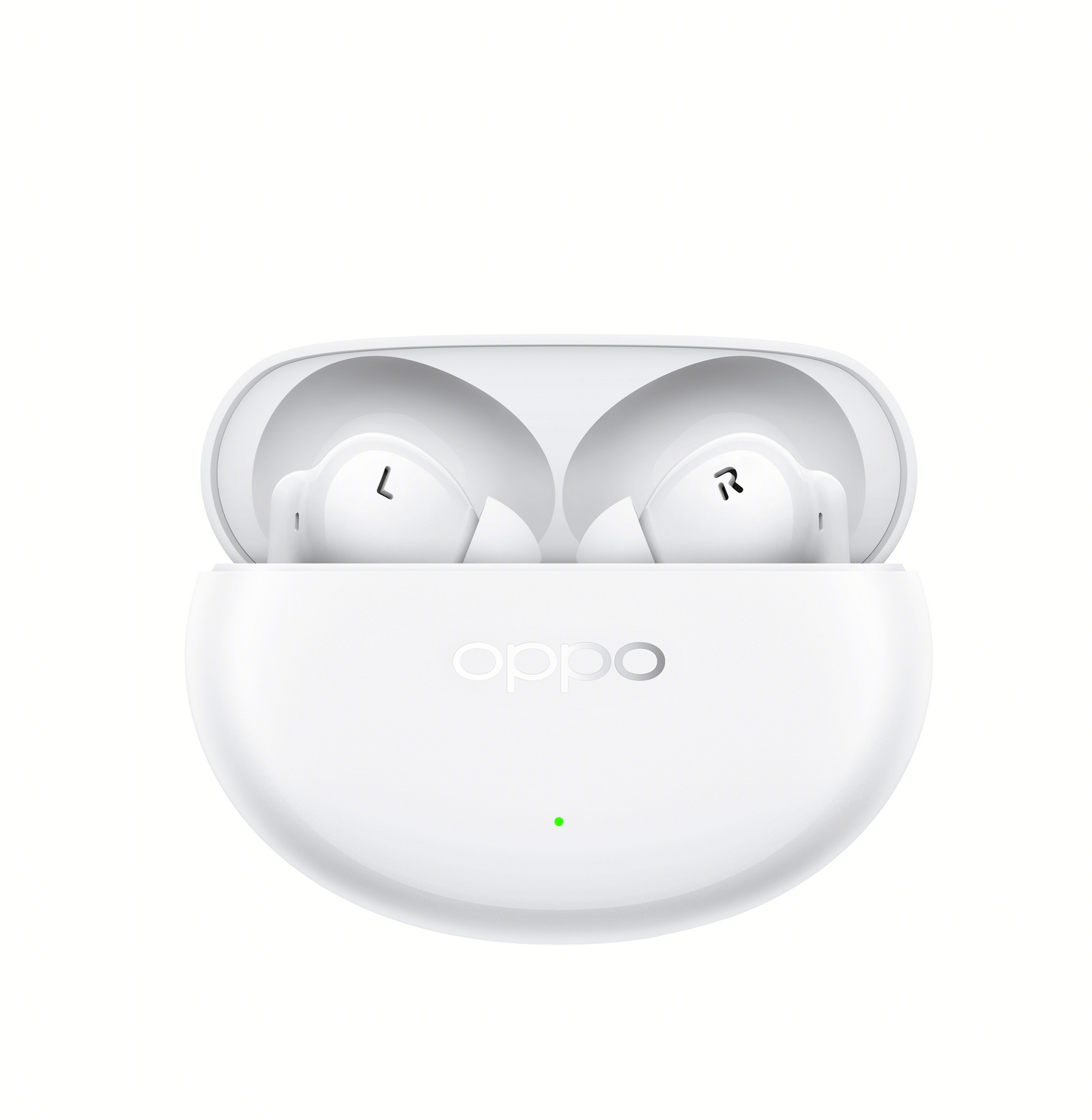 Auriculares blancos en un estuche de carga, etiquetados con 'L' y 'R'.