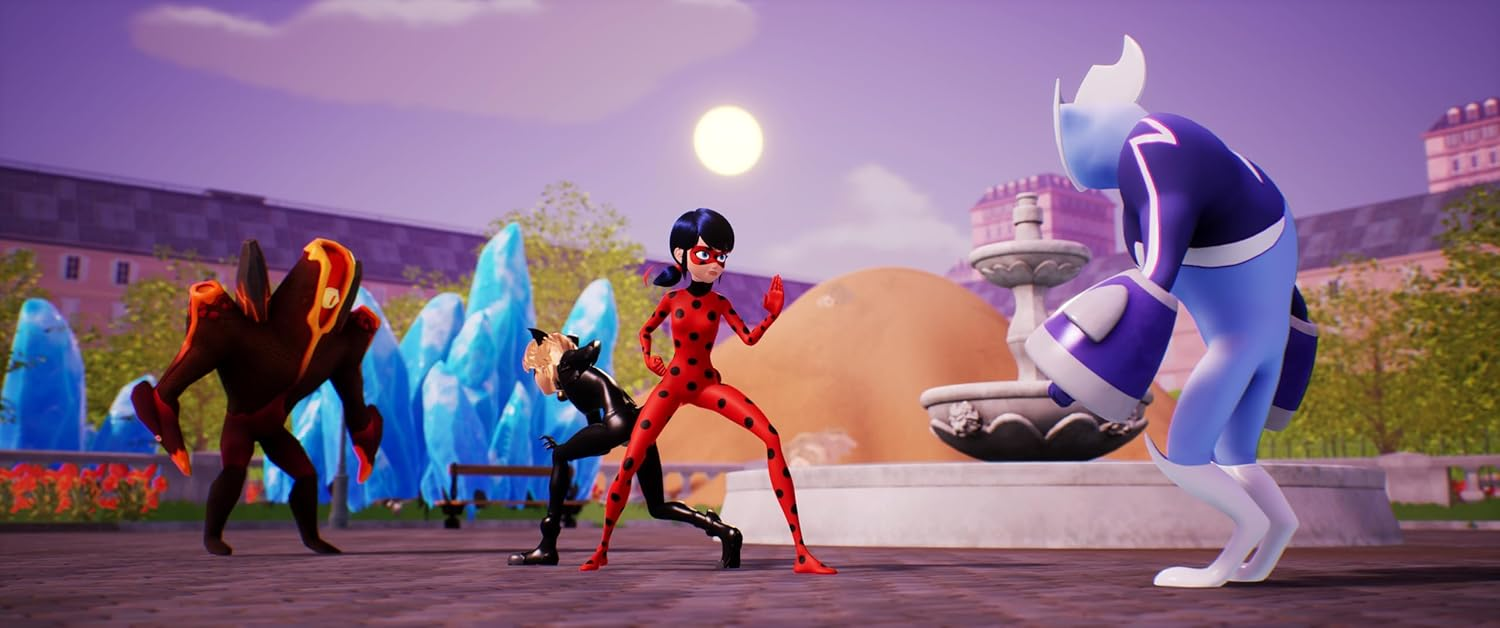 Personajes de Miraculous luchando contra villanos en un parque con fuente.