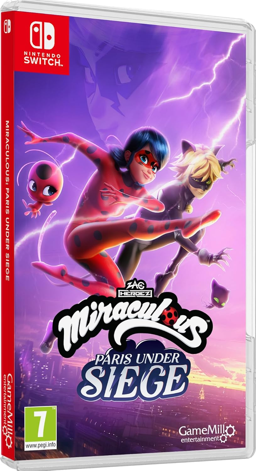 Caja del juego Miraculous: Paris Under Siege. Personajes de dibujos animados en la portada, con un logotipo de Nintendo Switch.