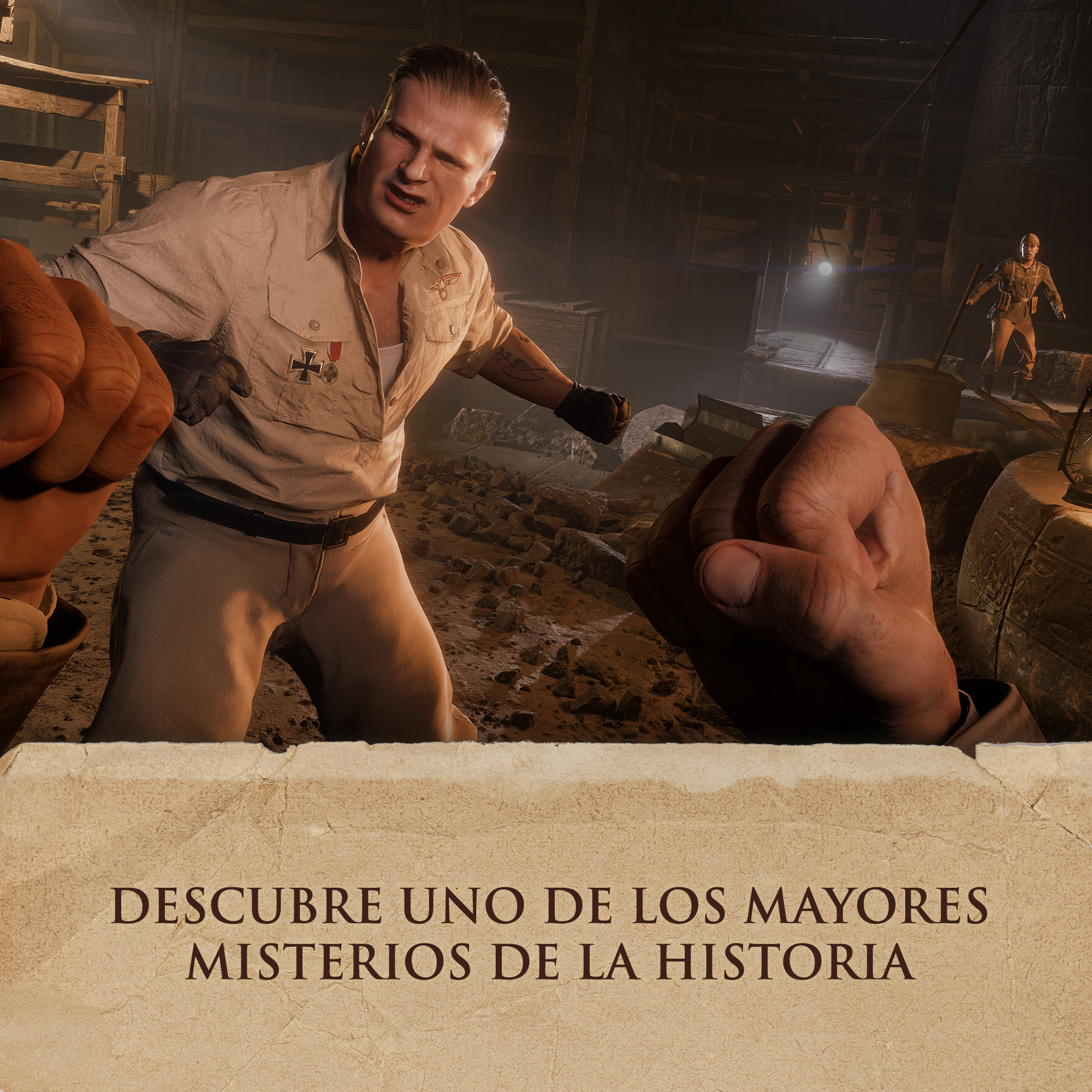 Dos hombres en escena oscura, uno golpeando, texto: Descubre los misterios de la historia.