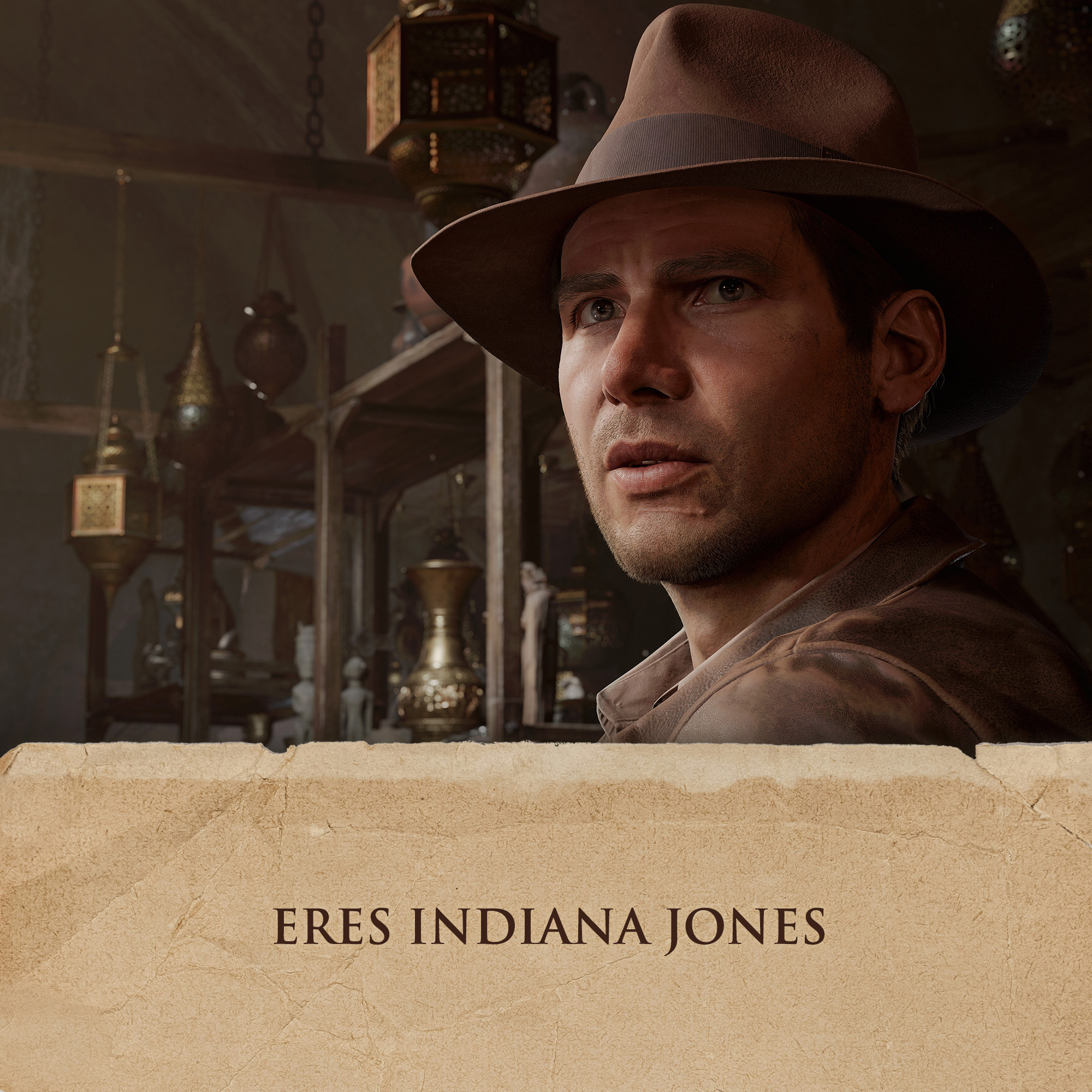 Harrison Ford como Indiana Jones, con sombrero marrón, mirando hacia un lado. Texto: ERES INDIANA JONES.