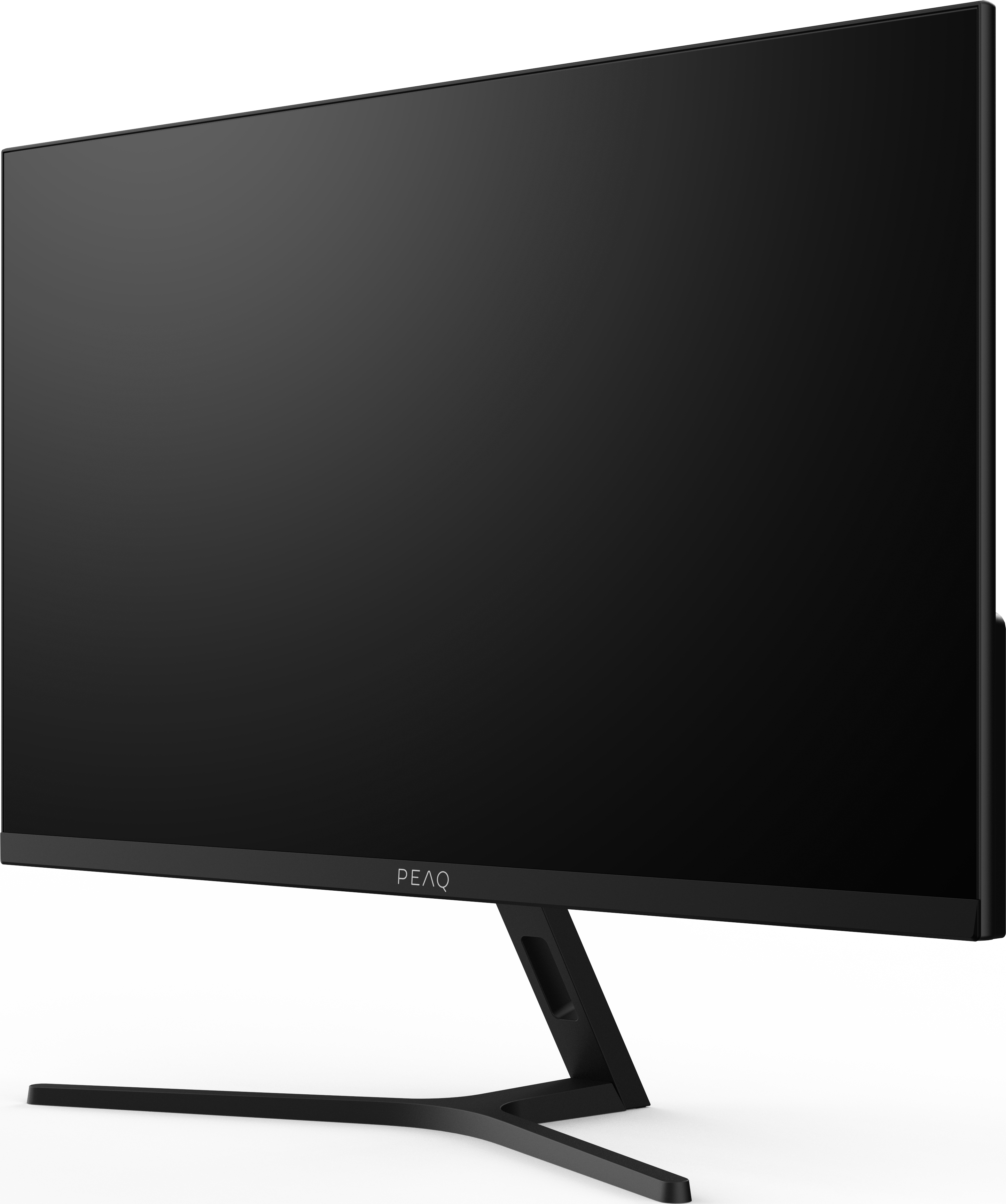 Un monitor per computer nero con cornice sottile e supporto, su sfondo bianco.