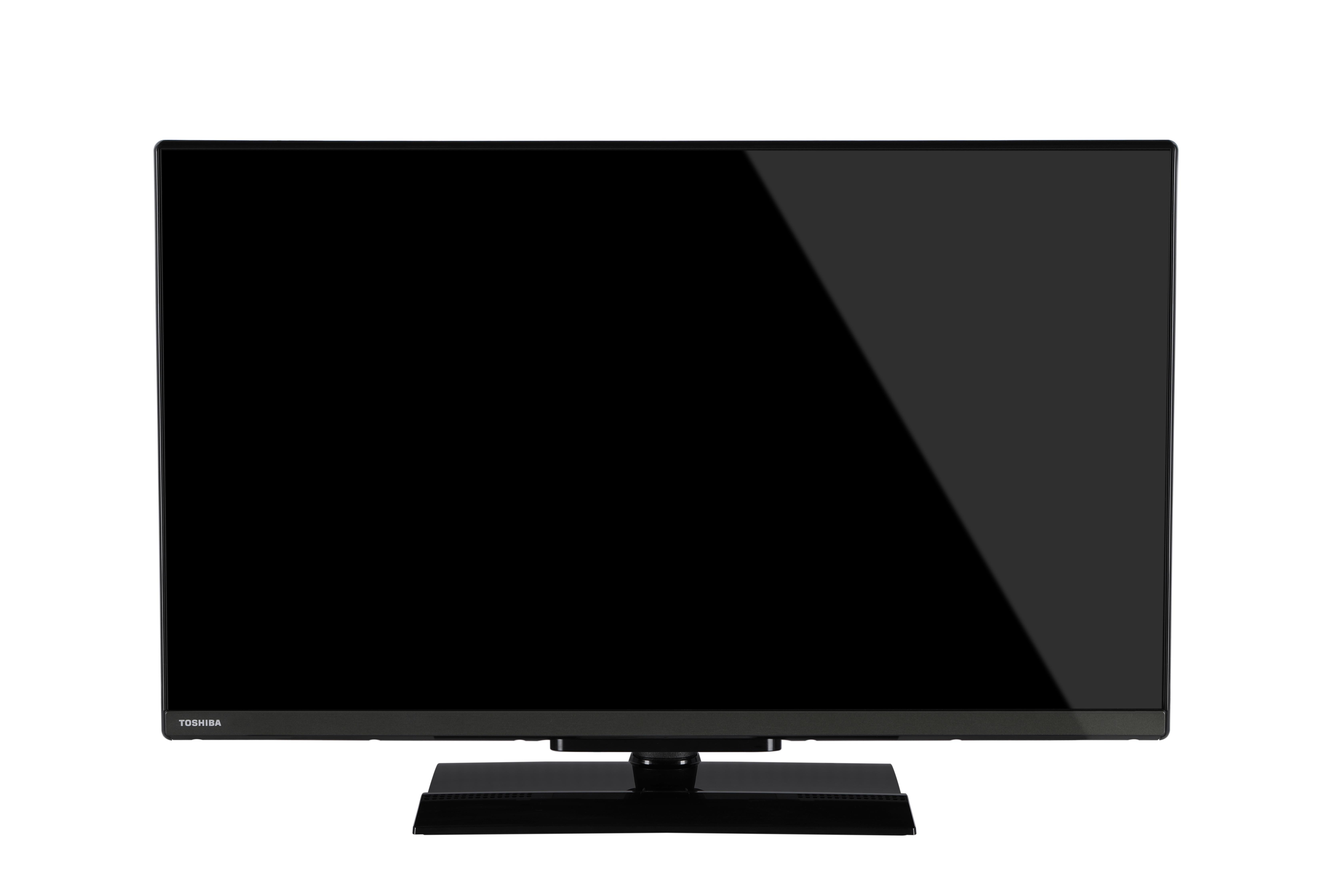 Schwarzer Toshiba-Fernseher auf weißem Hintergrund, Vorderansicht.