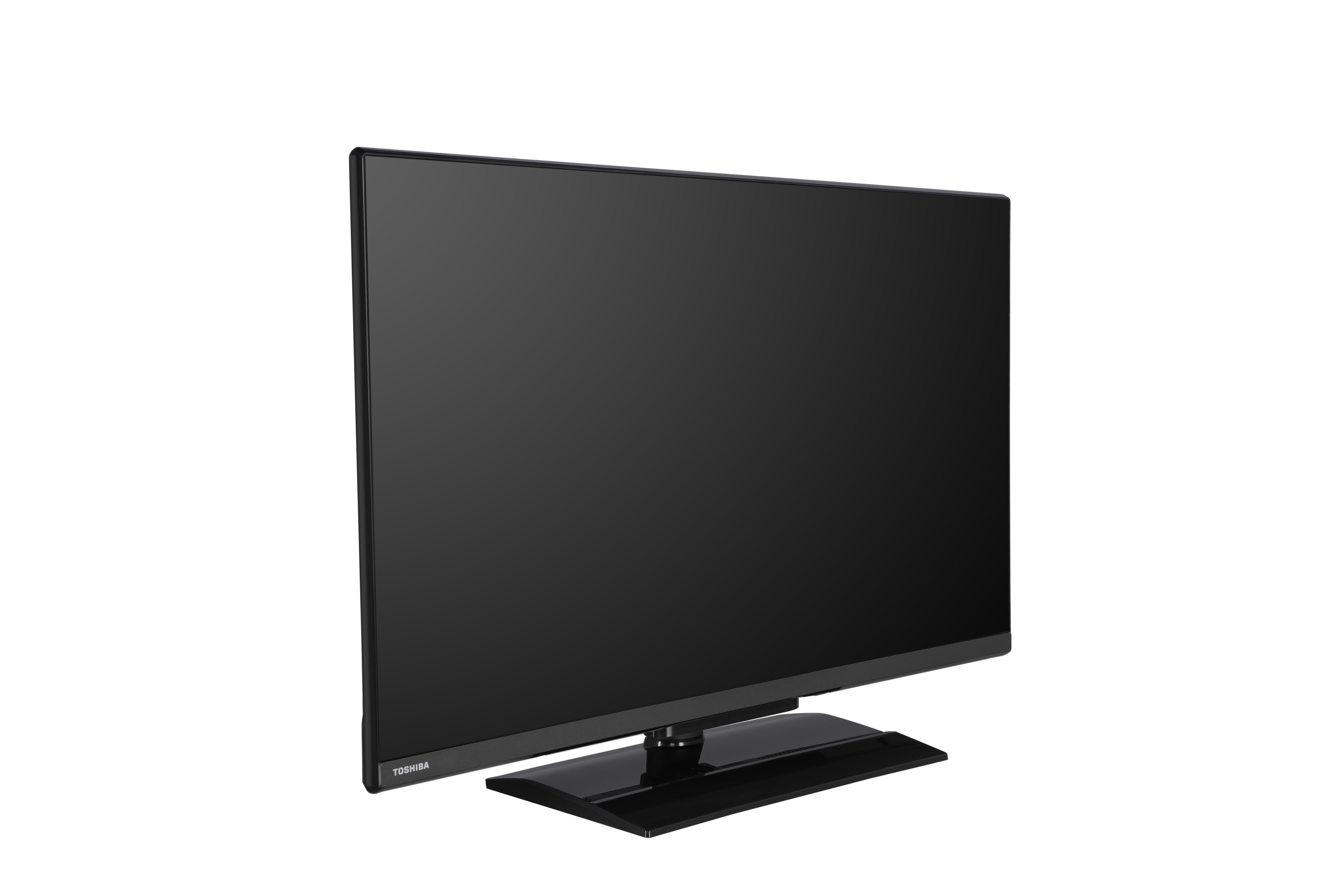 Schwarzer Toshiba-Fernseher, schräge Ansicht. Der Bildschirm ist schwarz, der Fuß flach.