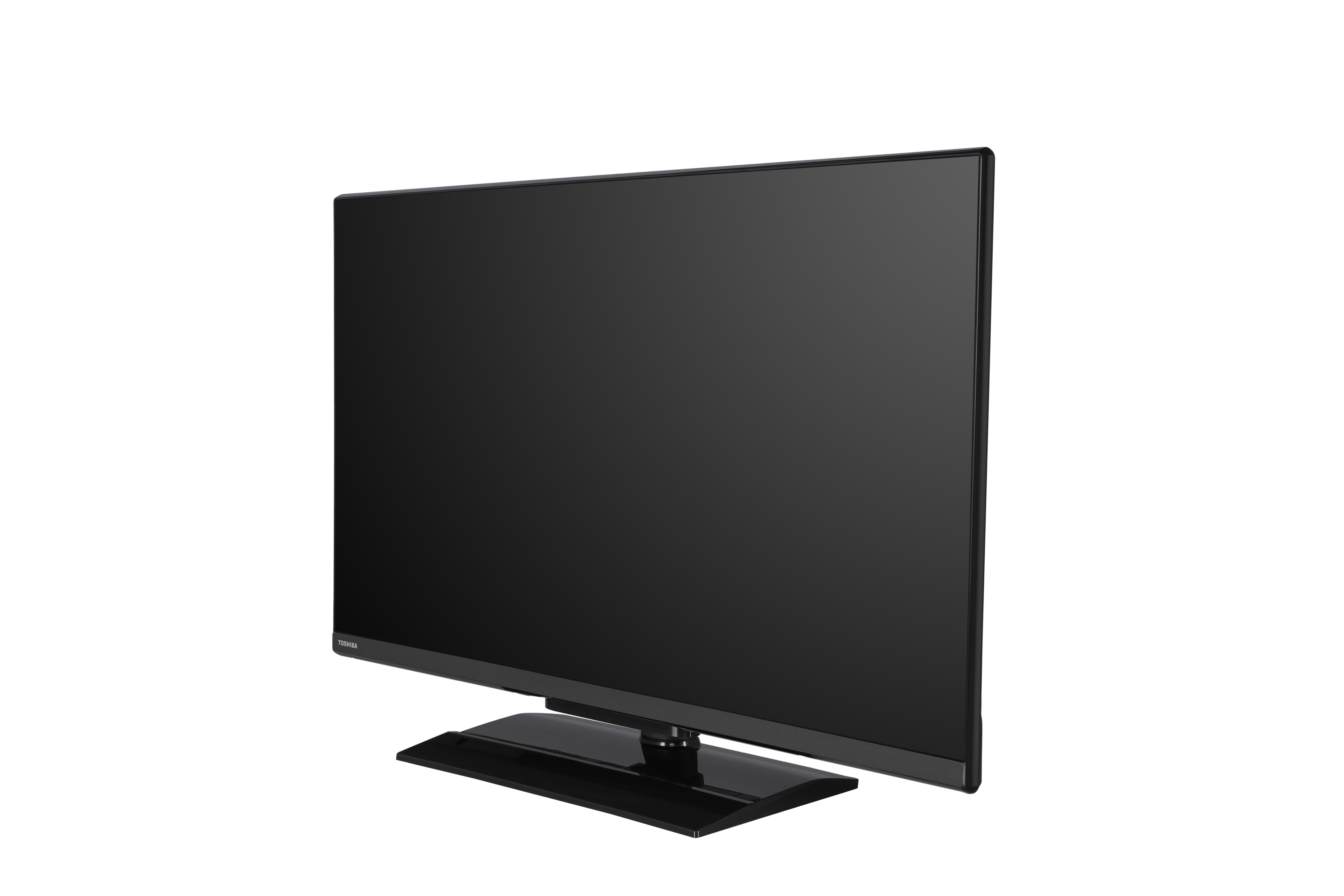 Ein schwarzer Toshiba-Fernseher auf einem Ständer vor weißem Hintergrund.