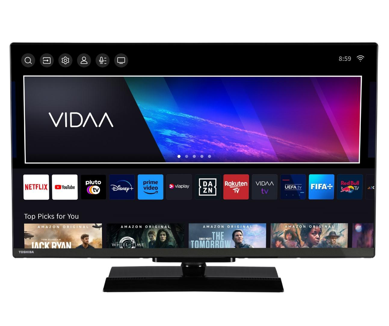 Toshiba-Fernseher mit Vidaa-Oberfläche und Symbolen für Streaming-Apps.