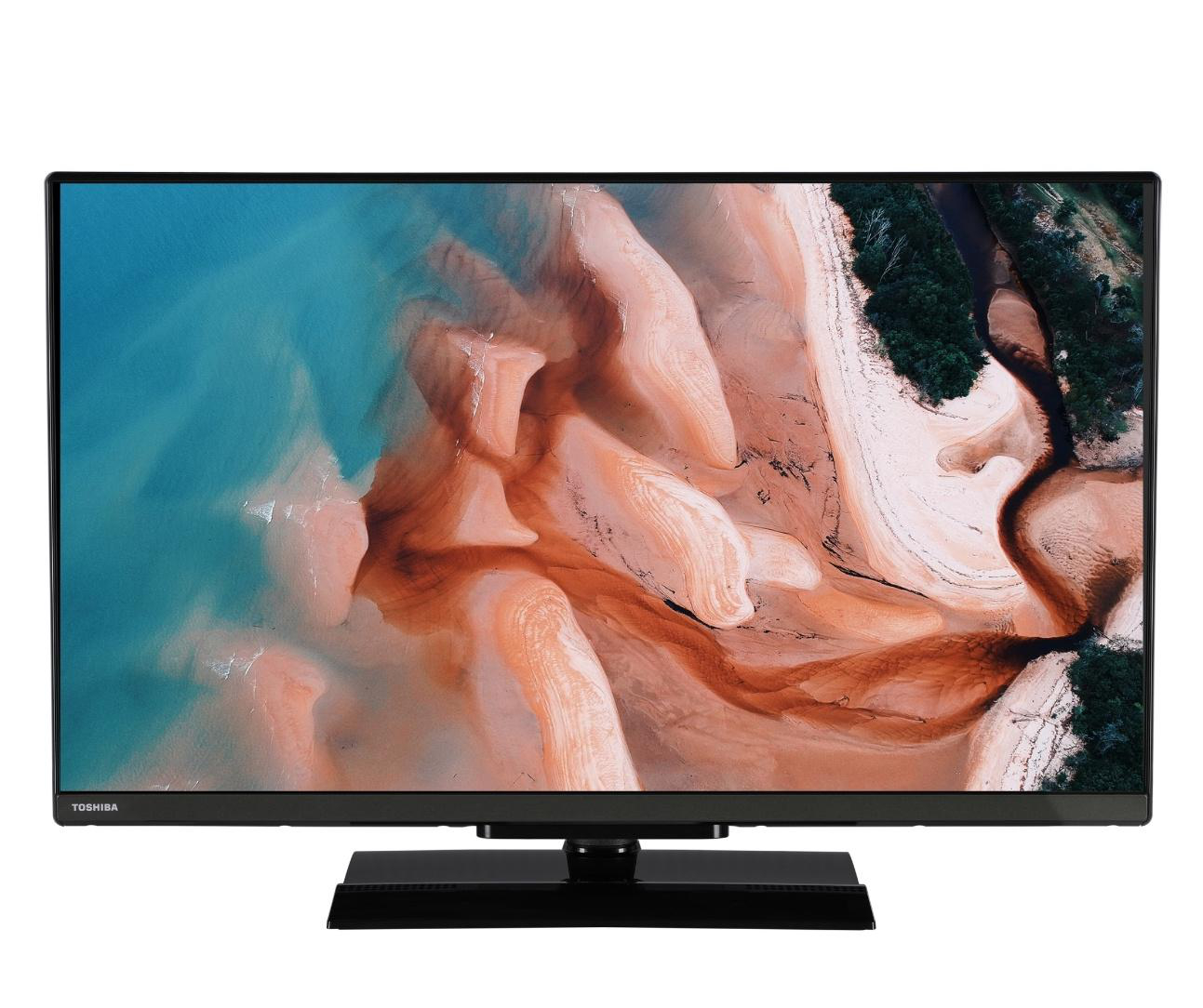 Ein Flachbildfernseher mit schwarzem Rahmen. Der Bildschirm zeigt eine abstrakte Landschaft.
