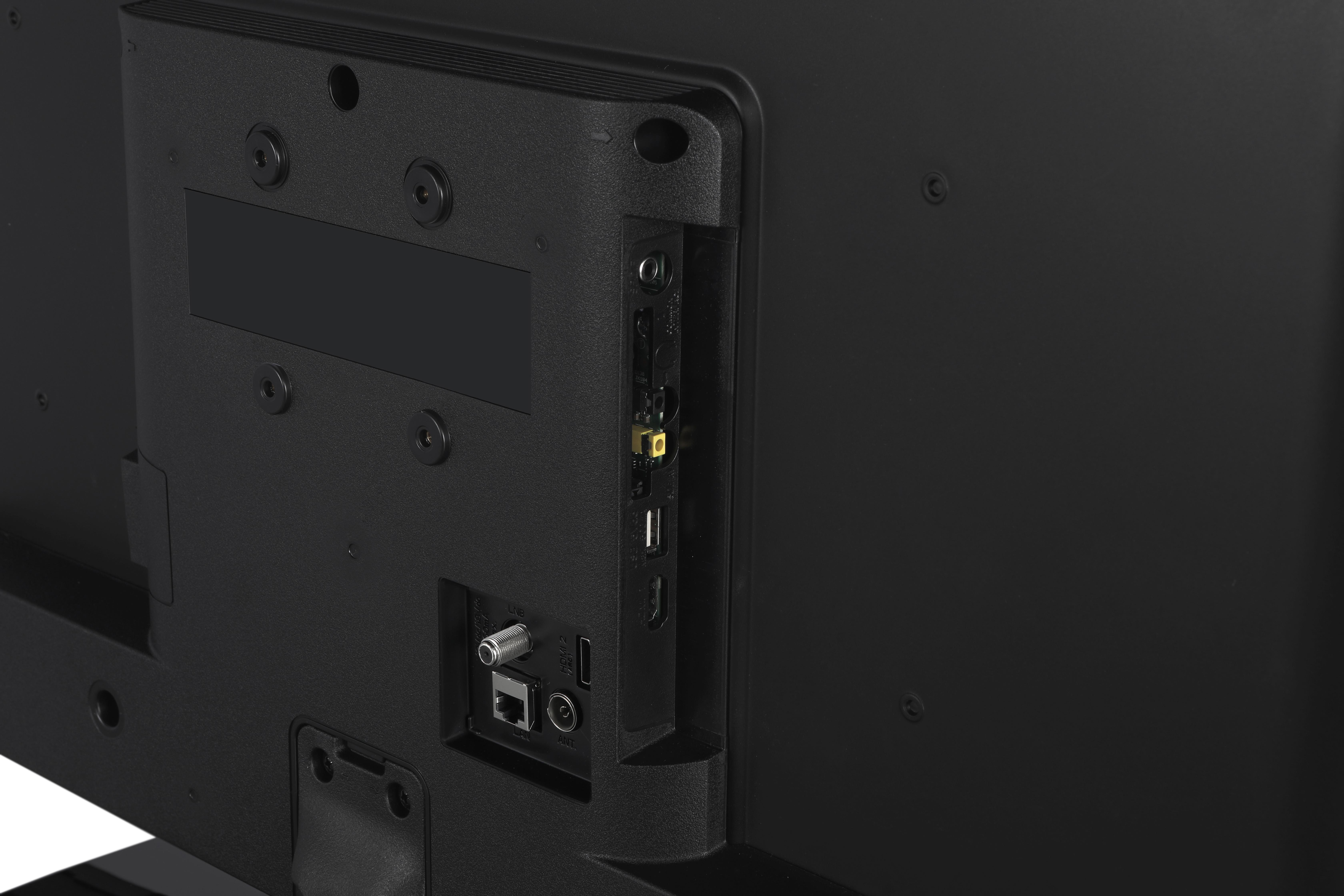 Rückwand eines Fernsehers. Anschlüsse sind sichtbar, darunter HDMI-, USB- und Ethernet-Anschlüsse.