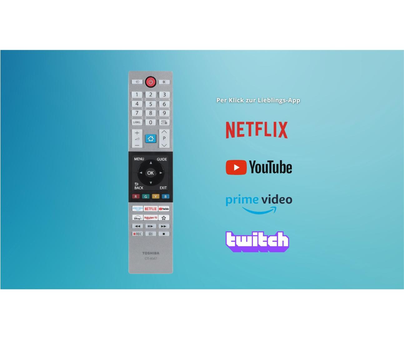 Eine silberne Fernbedienung mit verschiedenen Tasten und den Logos von Netflix, YouTube, Prime Video und Twitch.