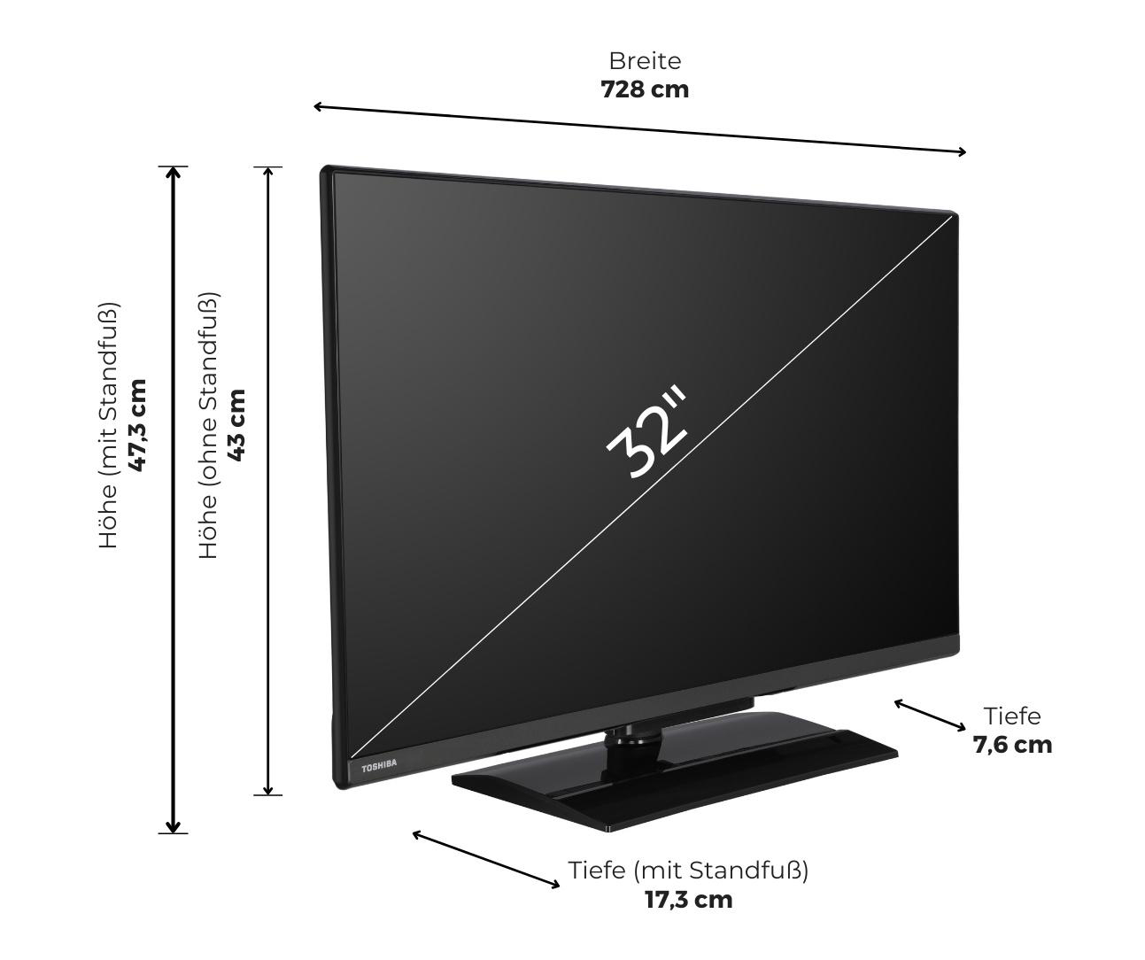 Ein schwarzer Flachbildfernseher. Er steht auf einem Ständer. Es gibt Abmessungen in Zentimetern.