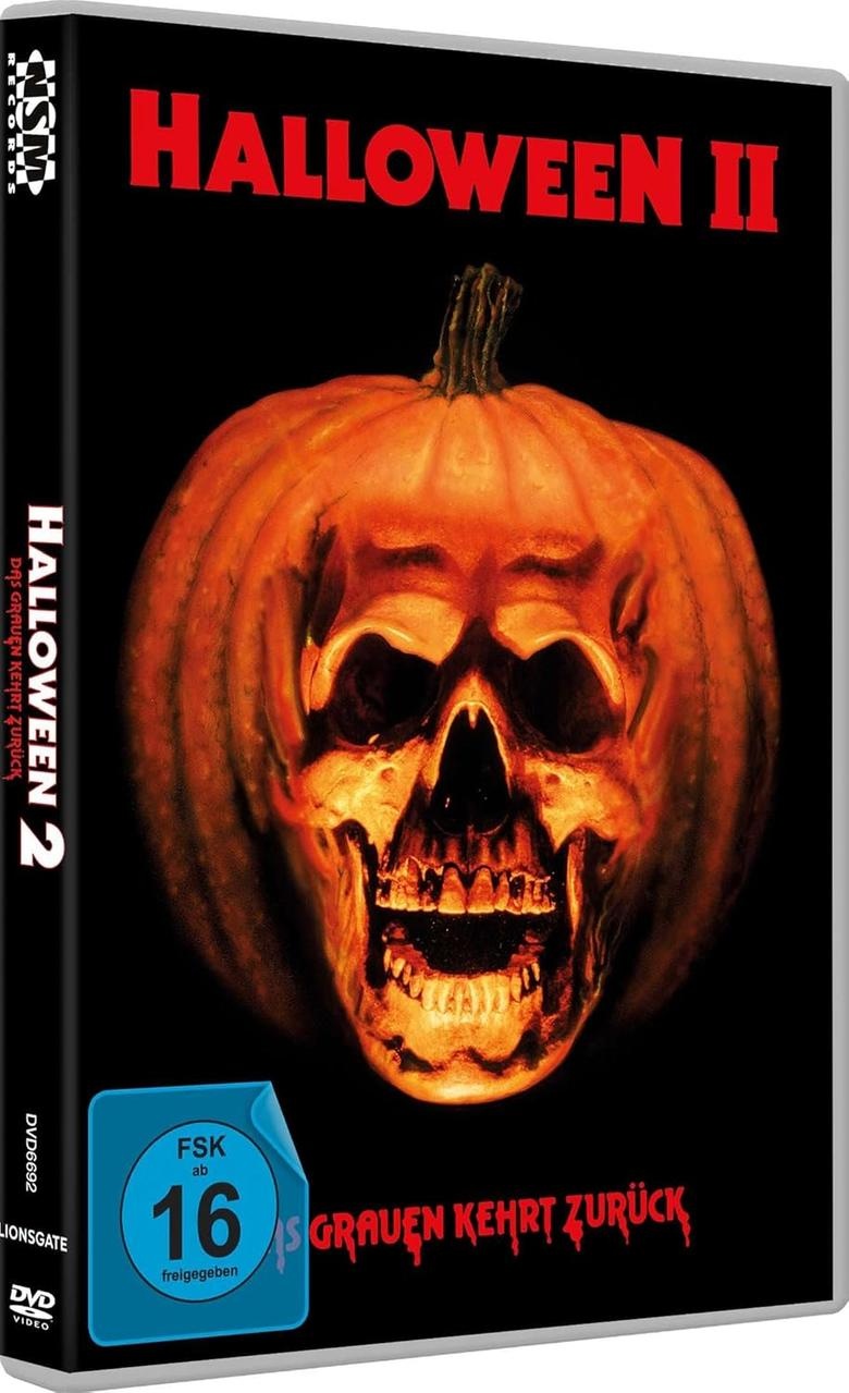 DVD-Hülle für den Film 'Halloween II'. Enthält ein orangefarbenes Totenkopf-Kürbis-Bild. Text: Halloween II. FSK 16.