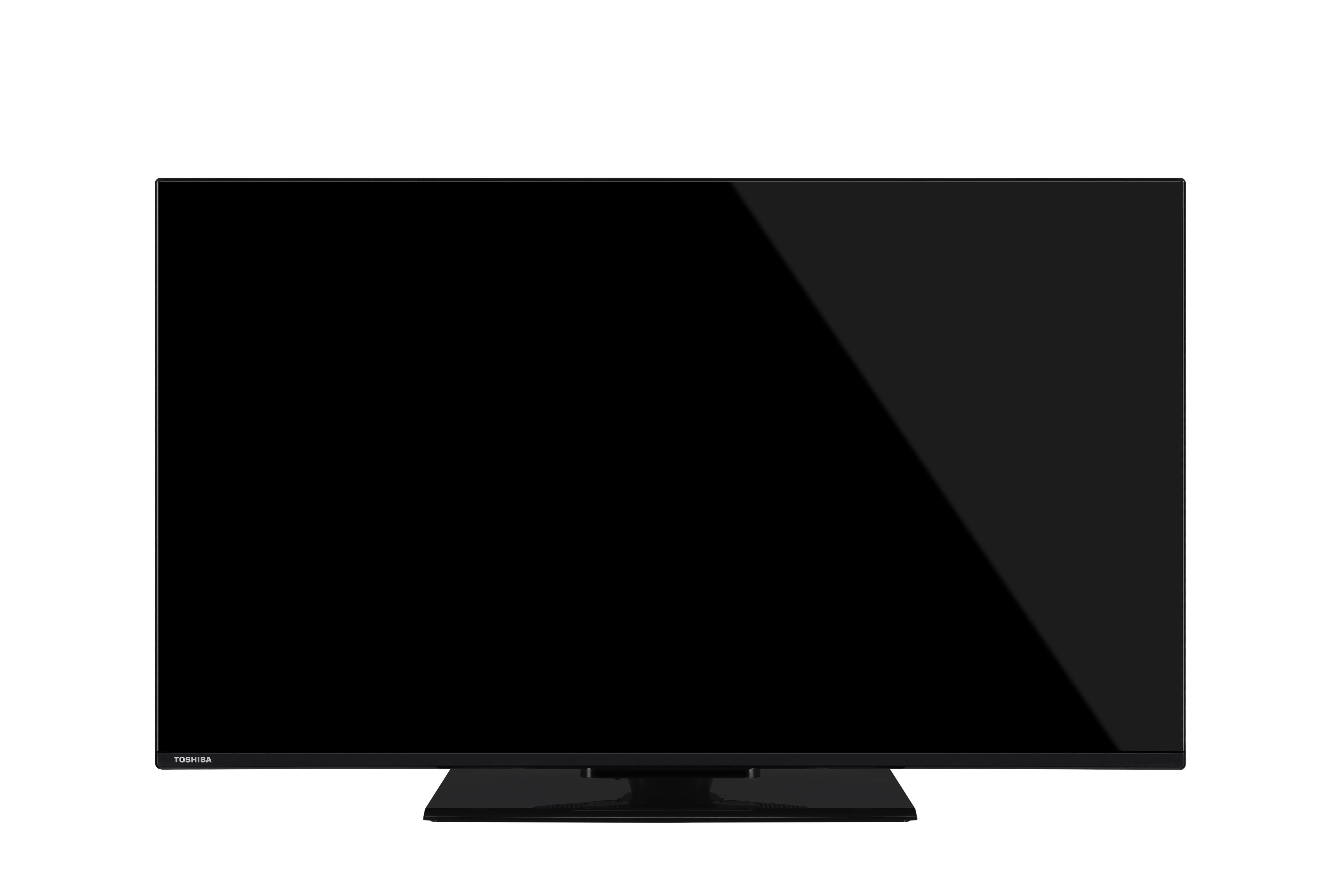 Ein großer, schwarzer Toshiba-Fernseher mit Standfuß. Der Bildschirm ist aus.