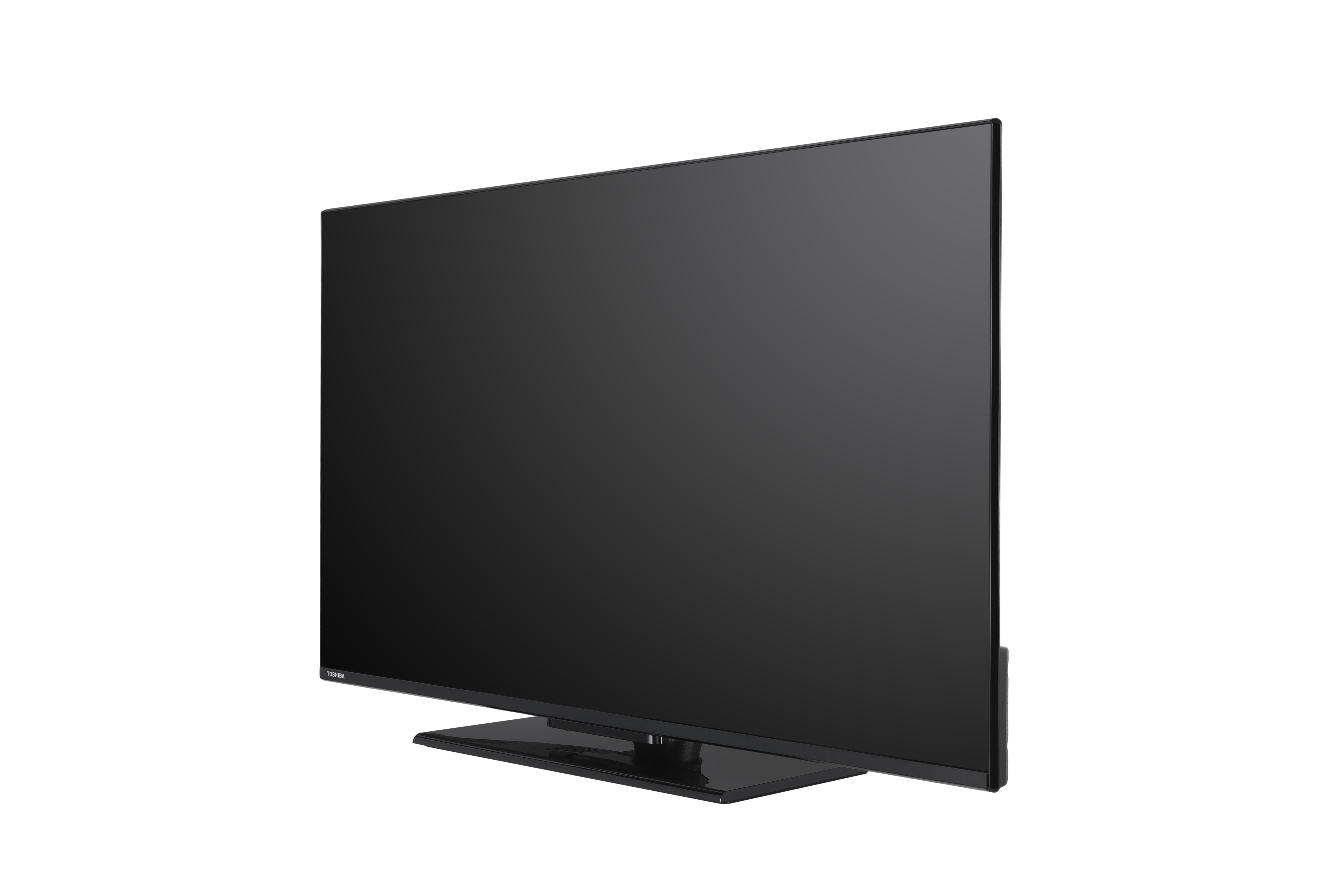Ein schwarzer Fernseher ist nach rechts angewinkelt und zeigt den Bildschirm. Der Fernseher steht auf einem schwarzen Ständer.