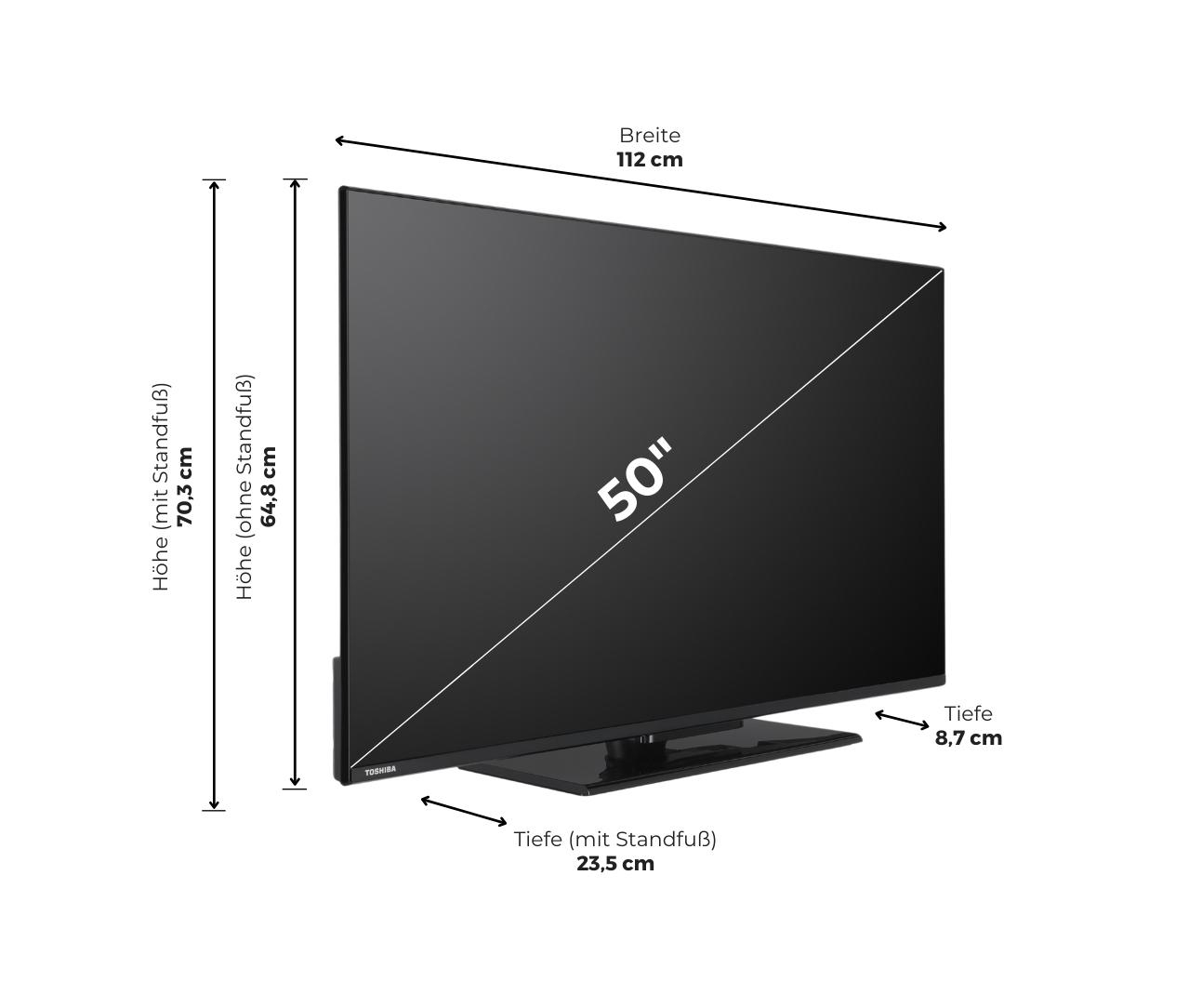 Schwarzer Fernseher mit Maßen und der Aufschrift '50"', mit schwarzem Standfuß.