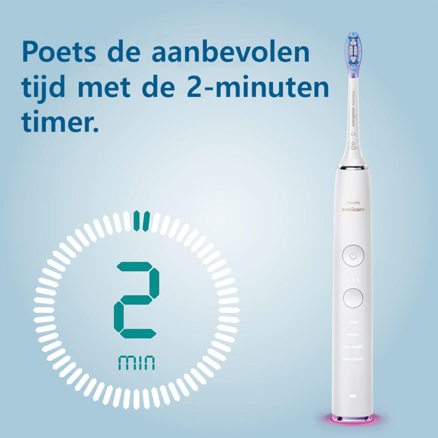 A white electric toothbrush with a timer display and a purple bristle head.
