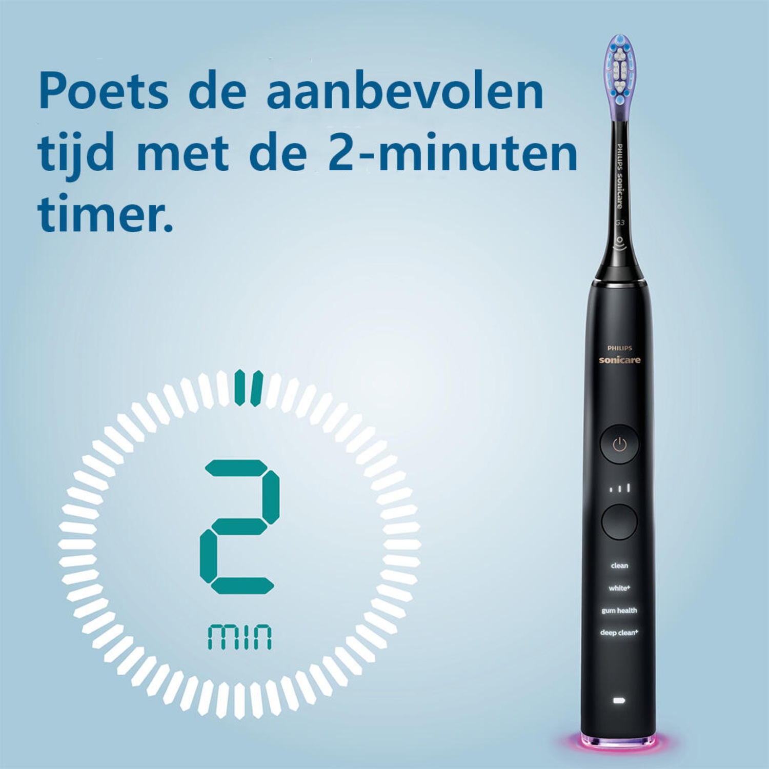 Image shows a black Philips Sonicare toothbrush with a 2-minute timer. Text says 'Brush the recommended time with the 2-minute timer.'