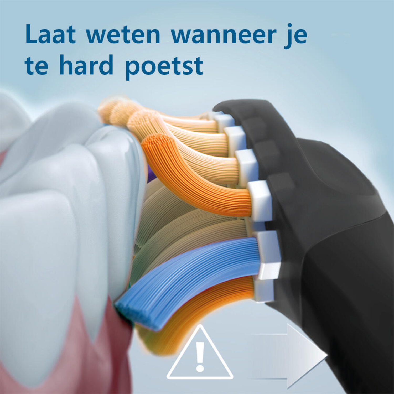 Illustration of toothbrush bristles and teeth, showing brushing technique.