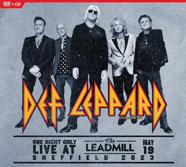 Def Leppard Albumcover mit Bandmitgliedern, Logo und Konzertdetails.
