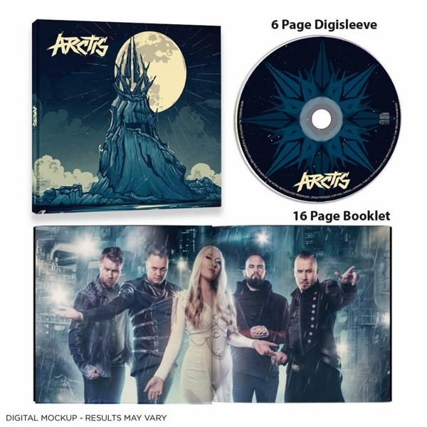 Eine CD mit Booklet und Cover. Eine Band ist im Booklet. Blaue und weiße Farben.