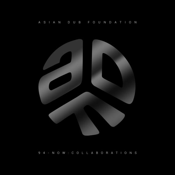 Zwart logo van Asian Dub Foundation. Het logo is een gestileerd ADF-symbool in een cirkel.