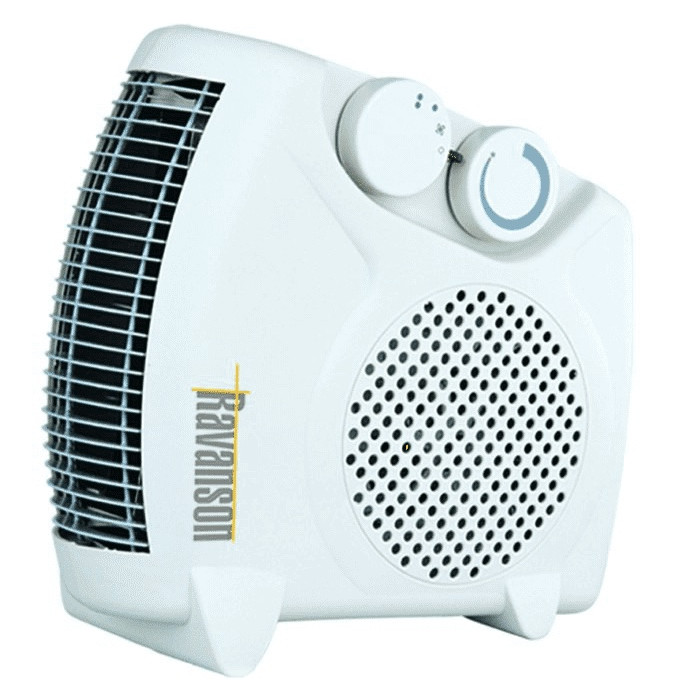 Biały grzejnik z pokrętłami i kratką wentylatora. Widok z boku.