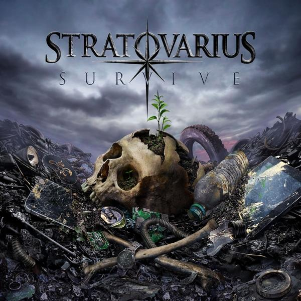 Albumcover mit einem Totenkopf in Müll. Eine Pflanze wächst daraus. Titel: STRATOVARIUS SURVIVE.
