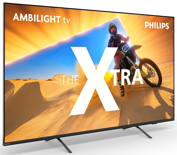 Telewizor z dużym ekranem z obrazem motocrossu, marka Philips, z białym słowem XTRA.