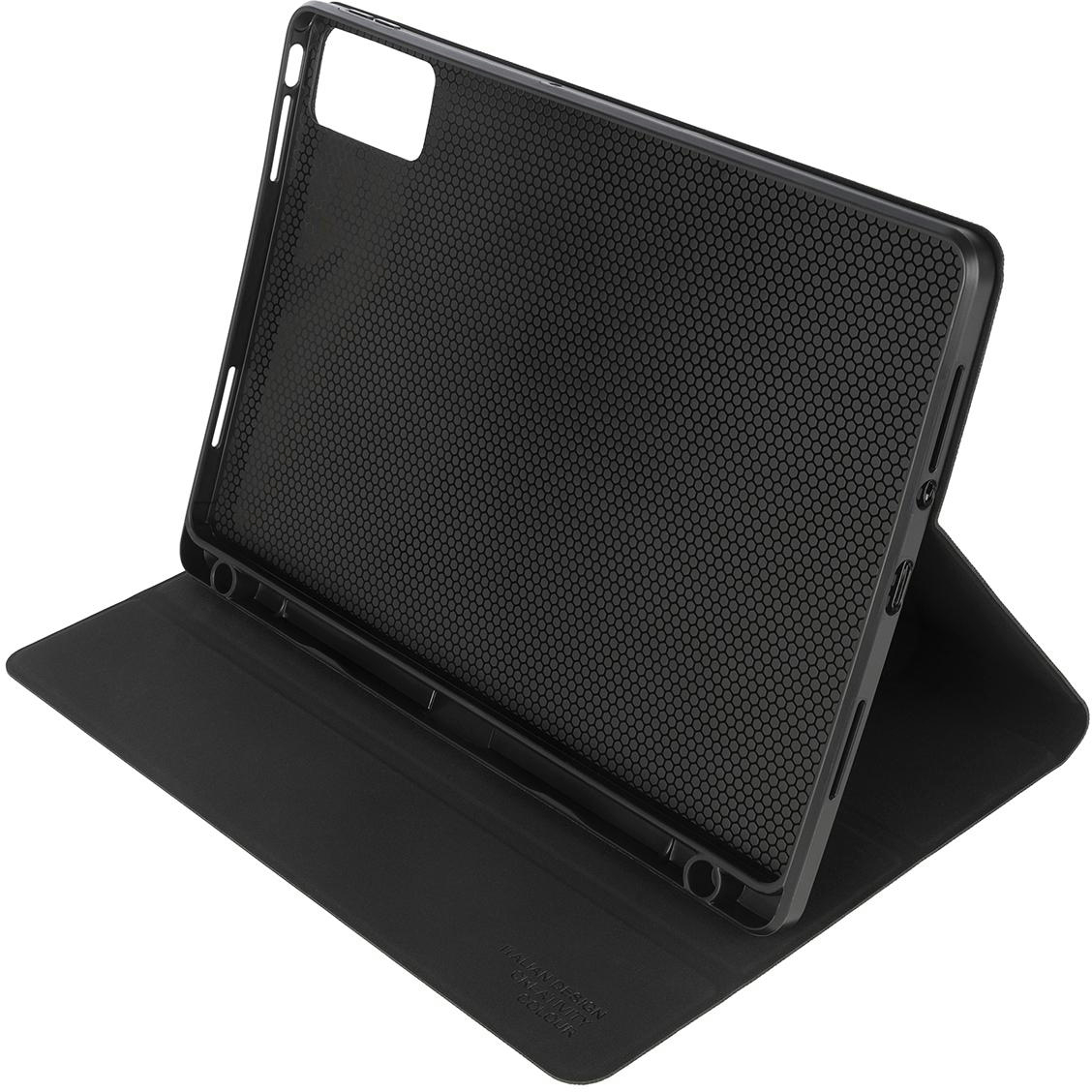 Schwarze Tablethülle, offen. Innenraum der Hülle sichtbar.