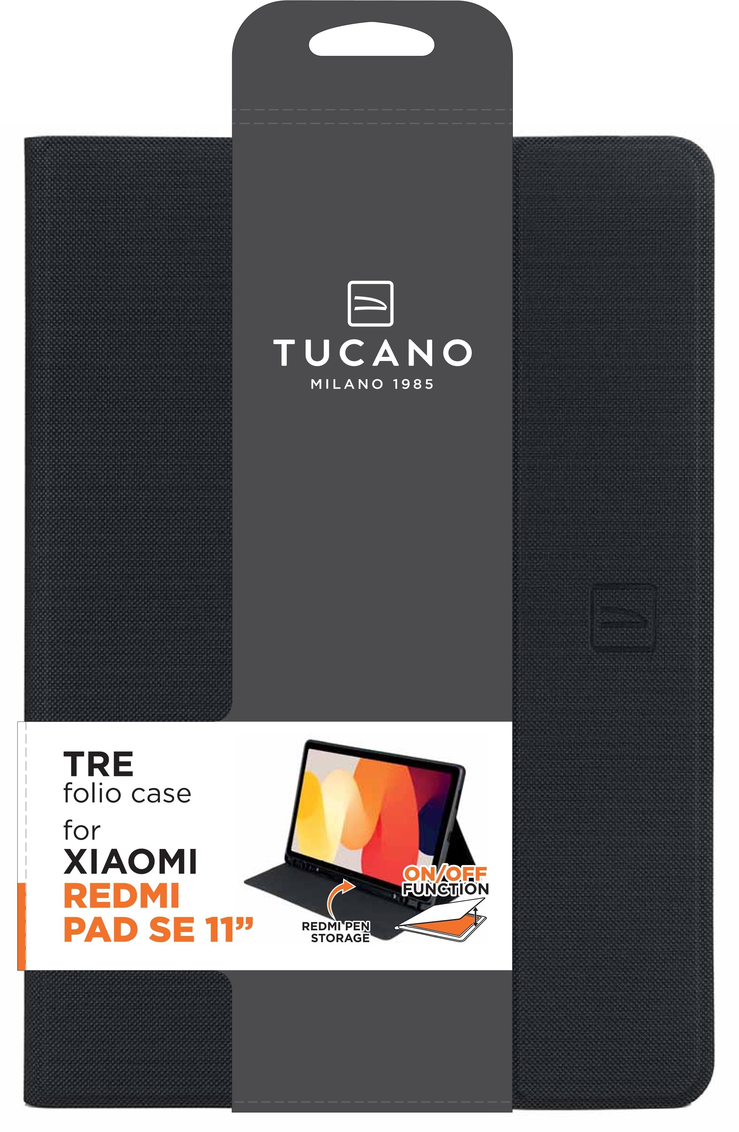 Schwarze Tucano Folio-Hülle für Xiaomi Redmi Pad SE 11". Die Hülle ist geschlossen und hat einen Stiftschlitz.