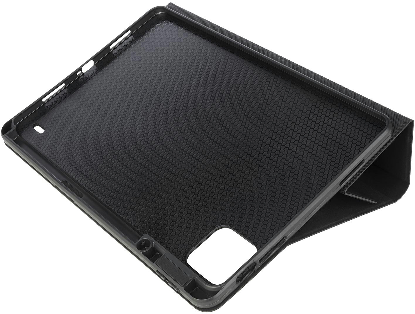 Schwarze Tablethülle, geöffnet, um das Innere mit Wabenmuster zu zeigen, und ein weißer Hintergrund.