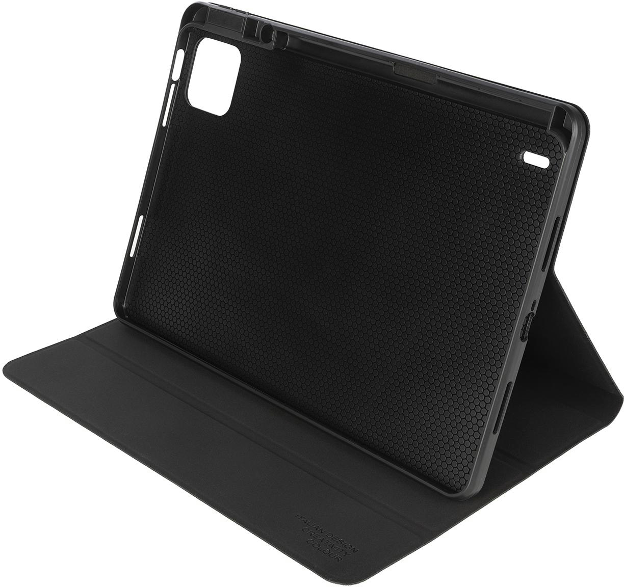 Schwarze Tablethülle, offen, zeigt das Innere mit einem Wabenmuster, weißer Hintergrund.