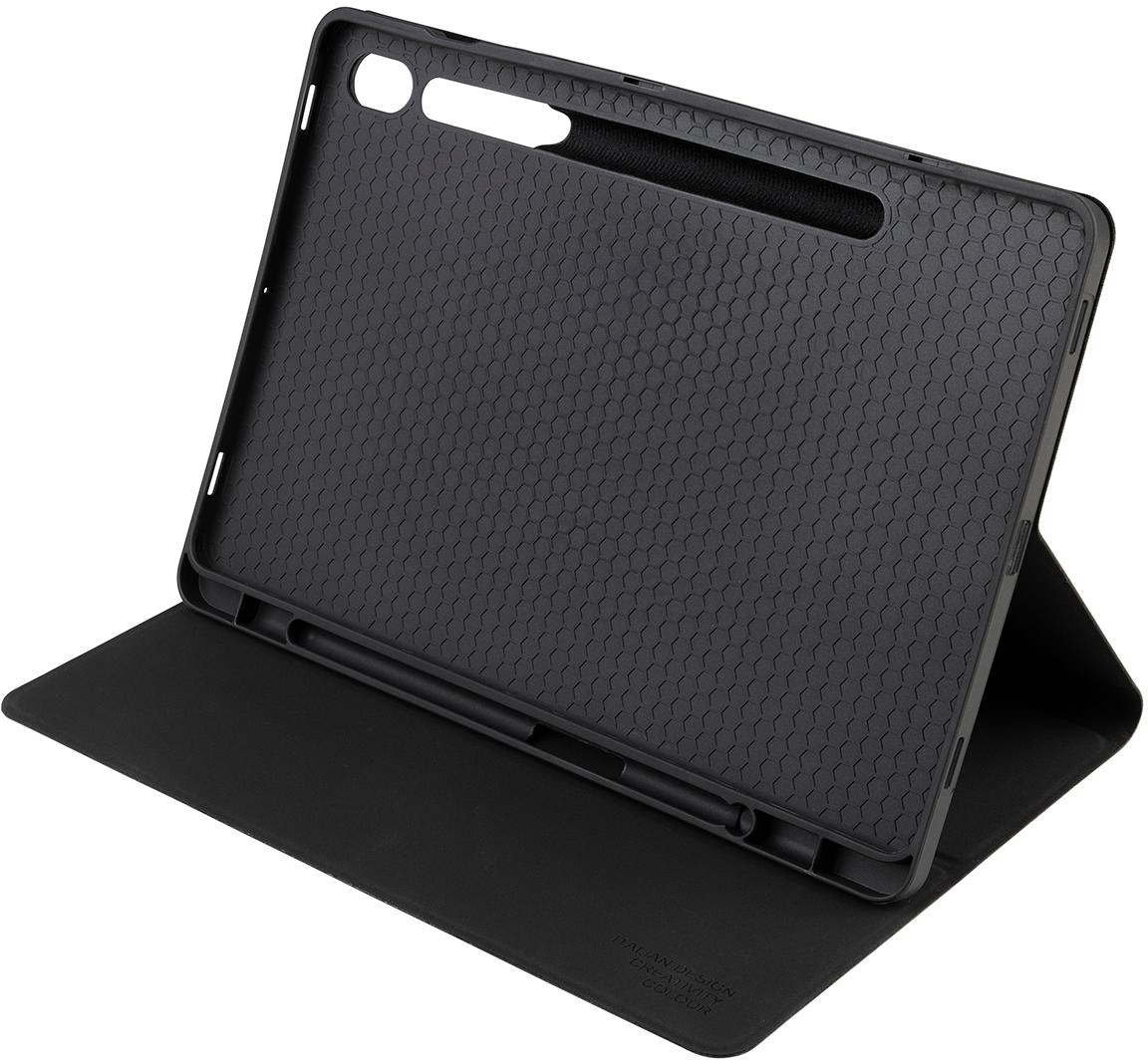 Schwarze Tablet-Hülle mit Wabenmuster, zum Betrachten geöffnet.