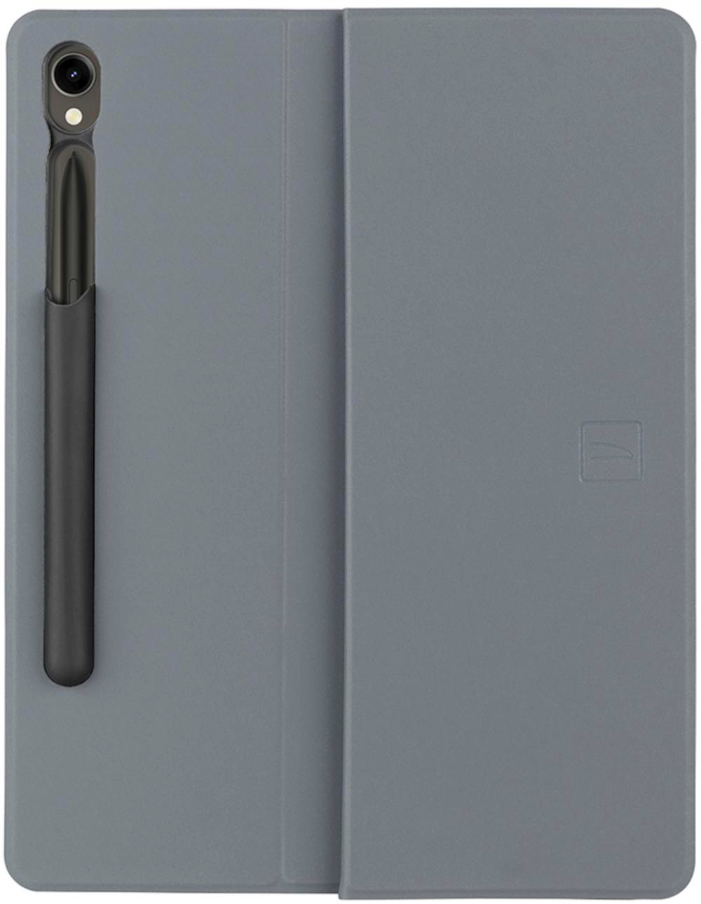 Graues Tablet mit Stift in einem Gehäuse.