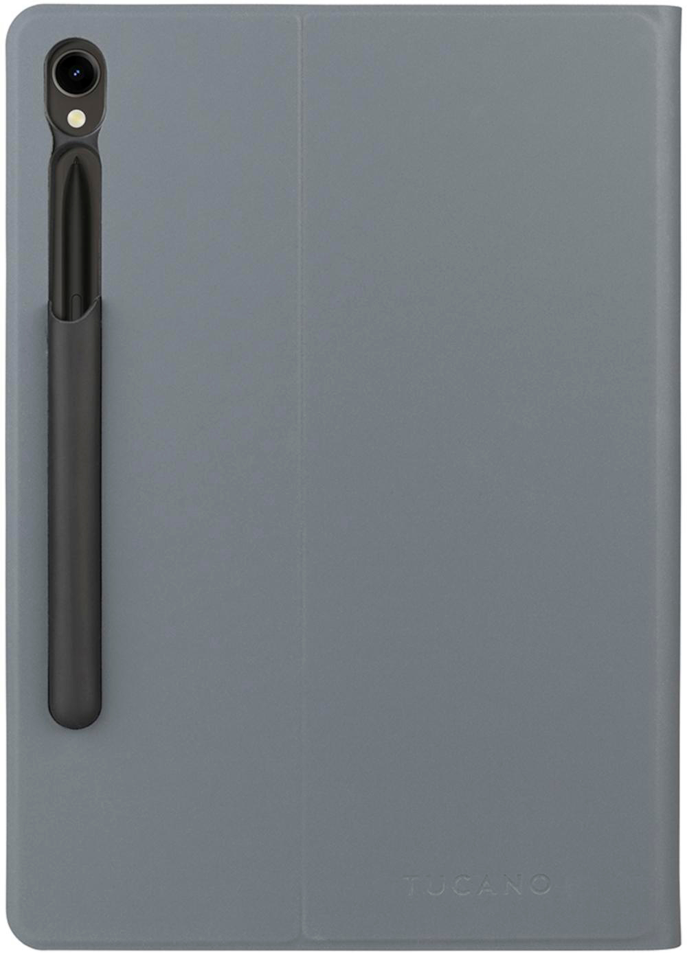 Tablet mit dunkelblauer Hülle und weißem Stift.