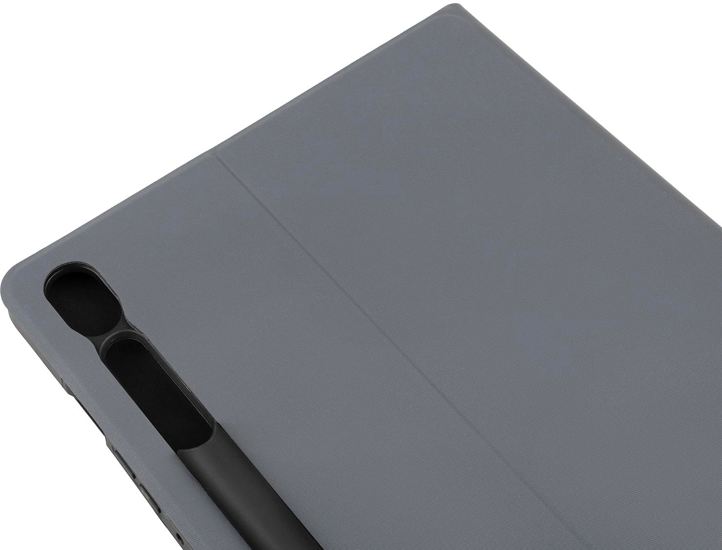 Nahaufnahme einer grauen Tablet-Hülle mit einem schwarzen Stift im Inneren.