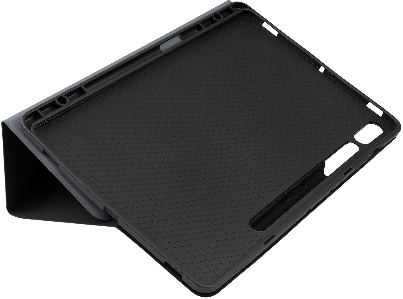 Schwarze Tablethülle, offen. Der Innenraum hat ein Wabenmuster, und eine Klappe ist links sichtbar.