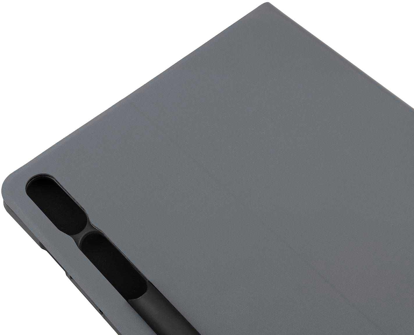 Graue Tablethülle mit Stifthalterung. Das Tablet ist nicht sichtbar.