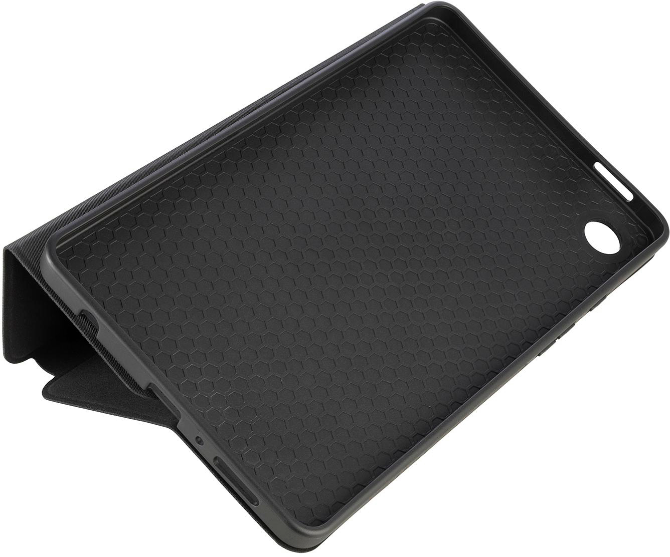 Schwarze Tablethülle, geöffnet mit wabenförmigem Innenraum.