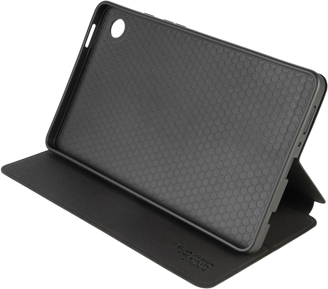 Tablet-Hülleninnenseite, schwarz mit Wabenstruktur, offen, schräge Ansicht.