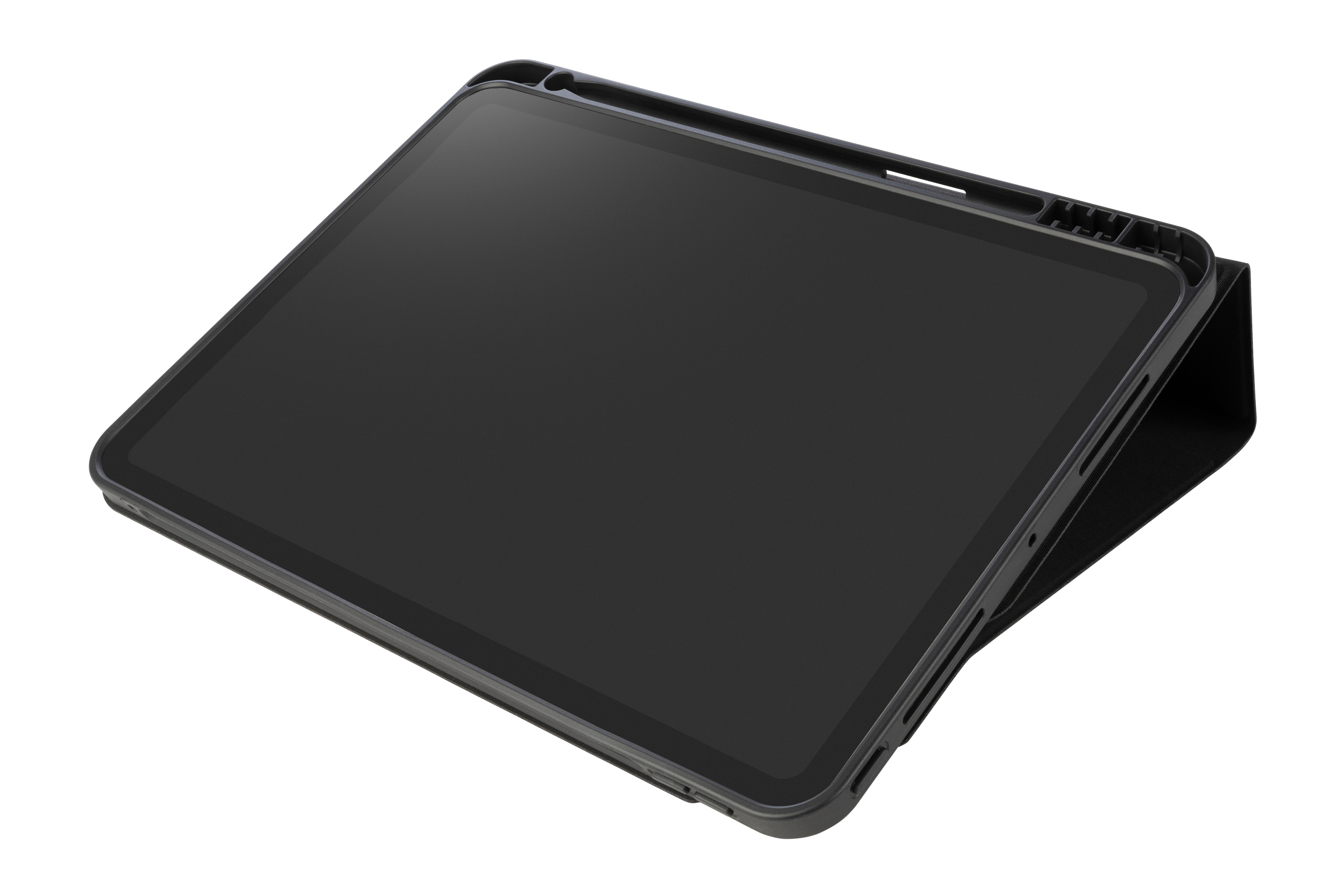 Schwarzes Tablet in schwarzer Hülle auf weißem Hintergrund.